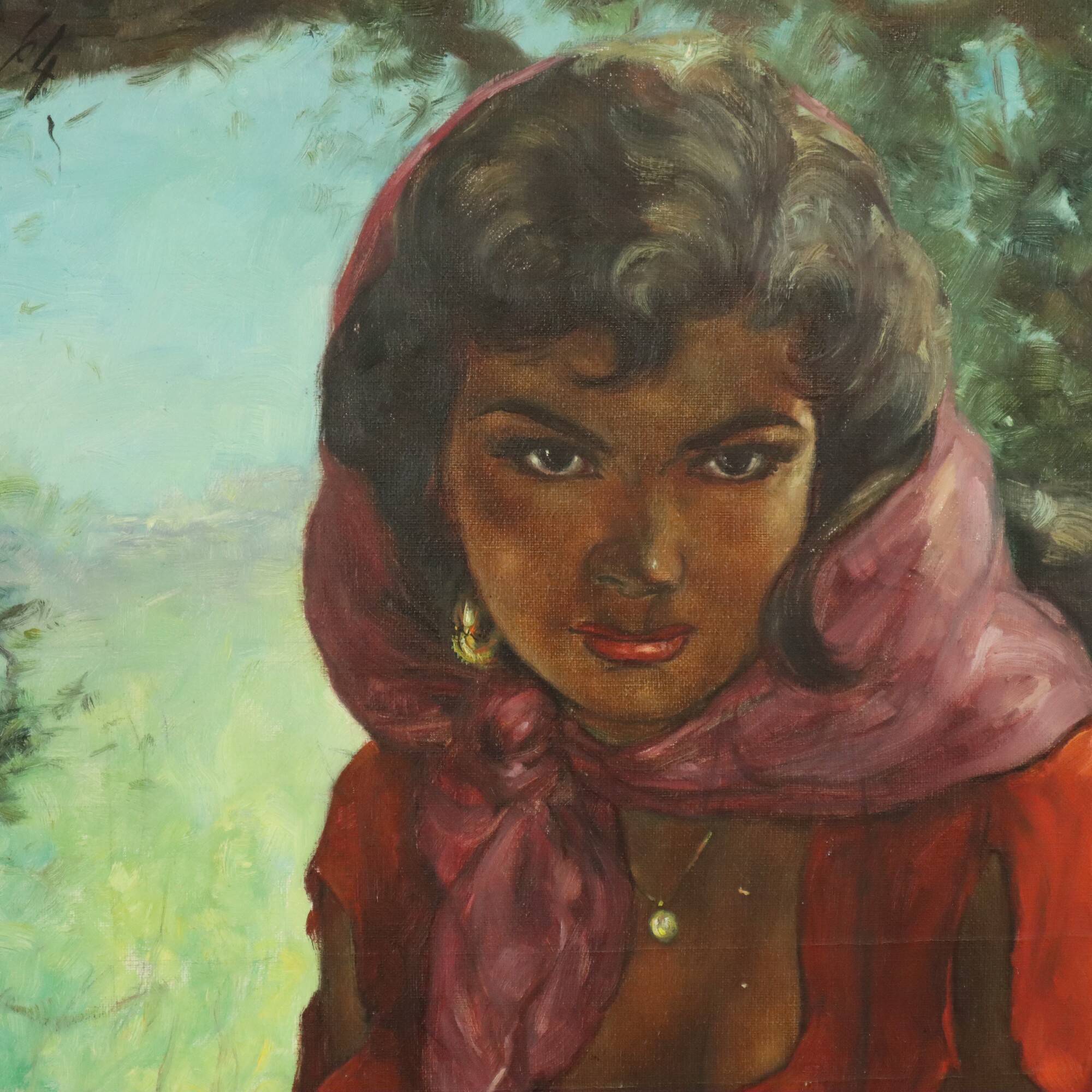 Large Painting Gypsy Young Woman Oil on Canvas 1964
