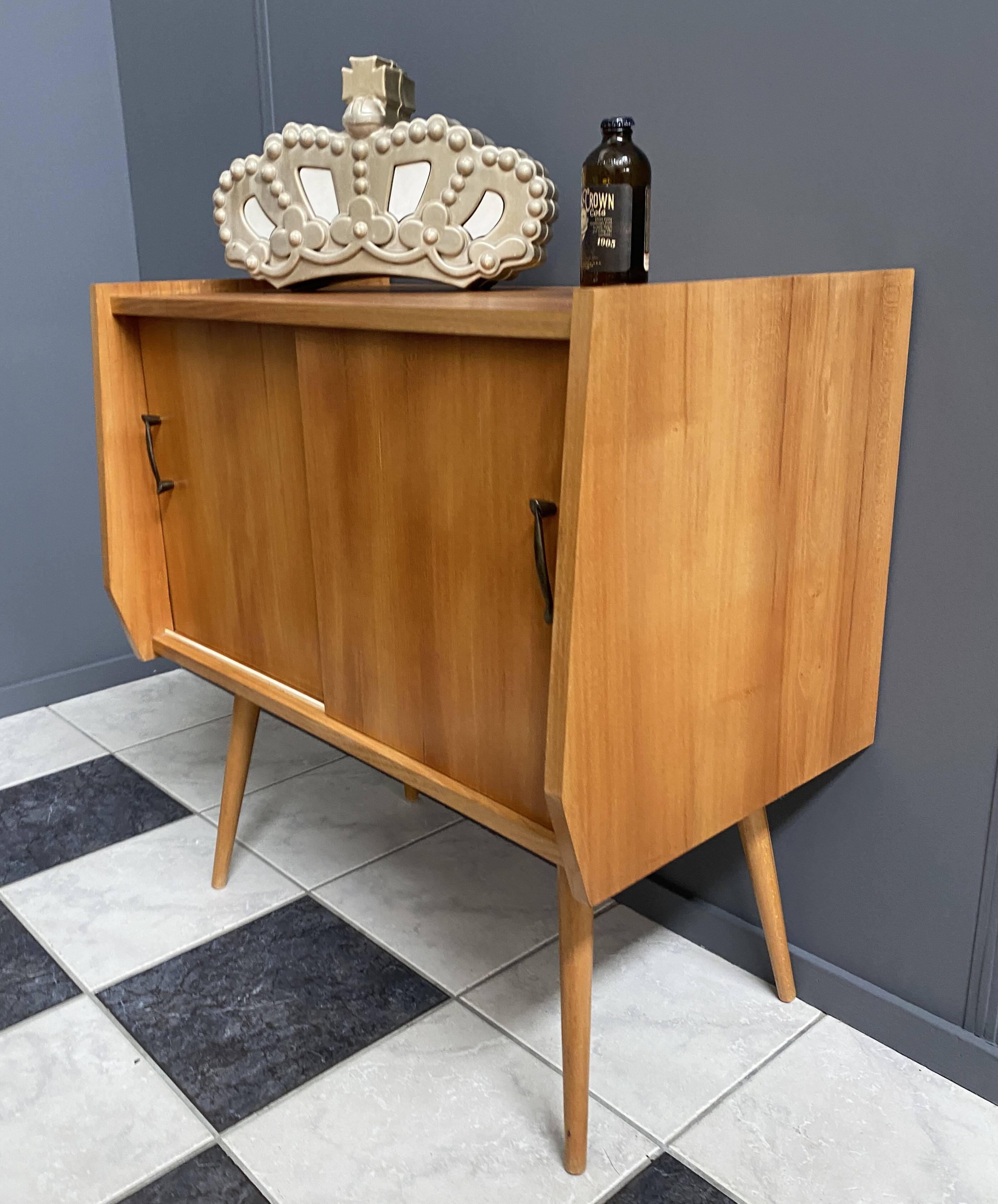 1960s blond wood wardrobe with 2 sliding doors