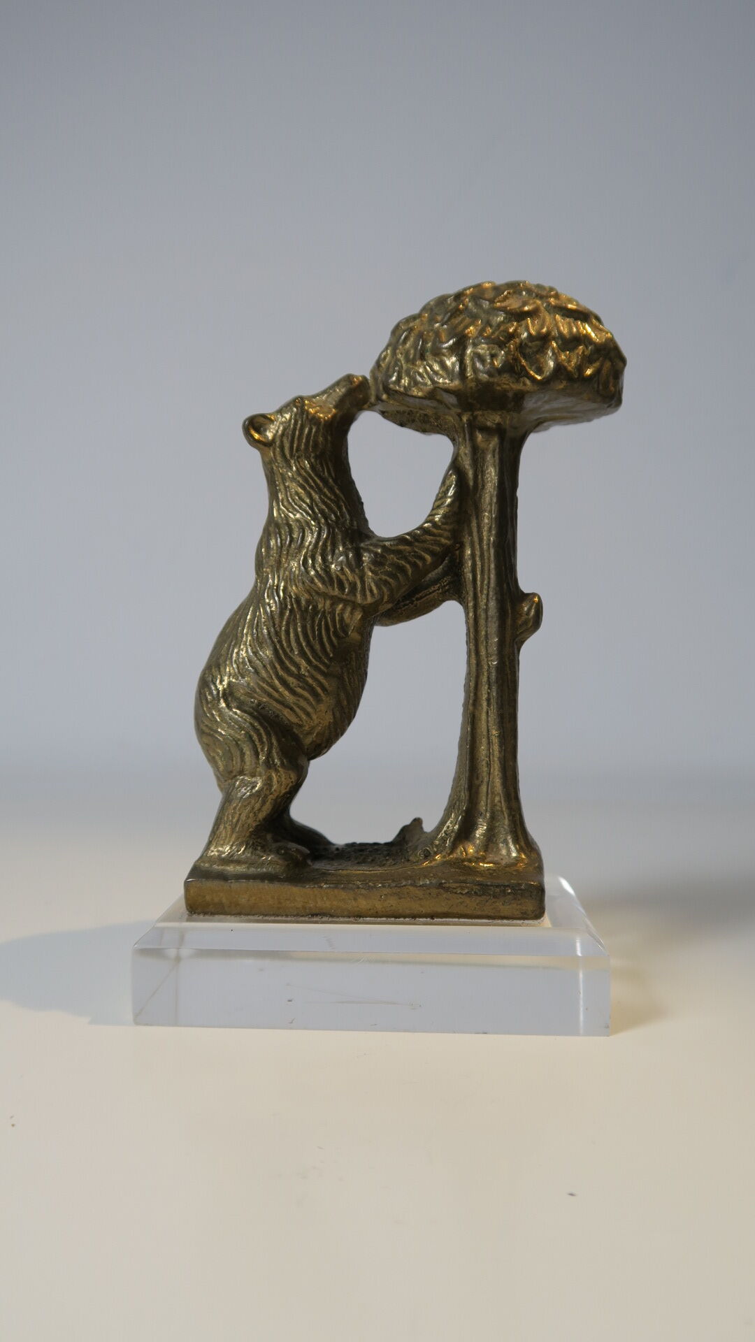 Brass sculpture, bear looking for honey in the tree