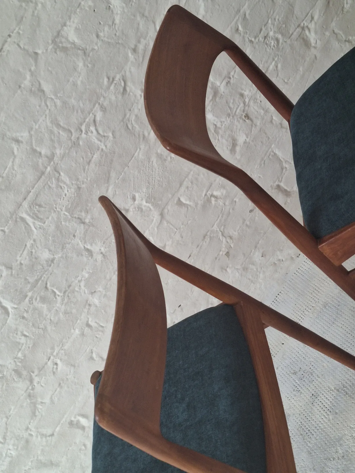 Pair of Henning Kjaernulf teak dining chairs sea blue-green, Denmark 1960s