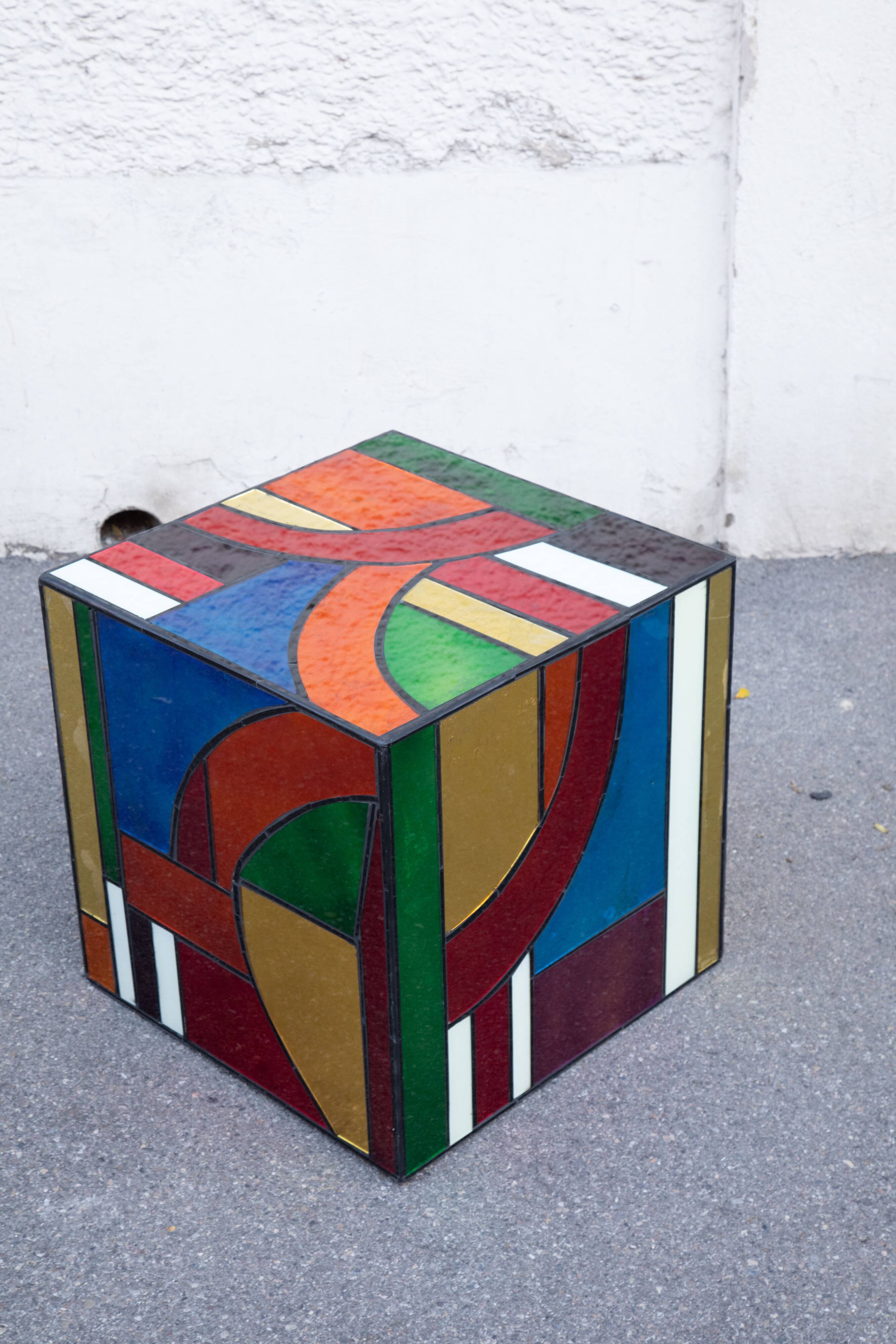 Multicolored stained glass Cube side table 50*50