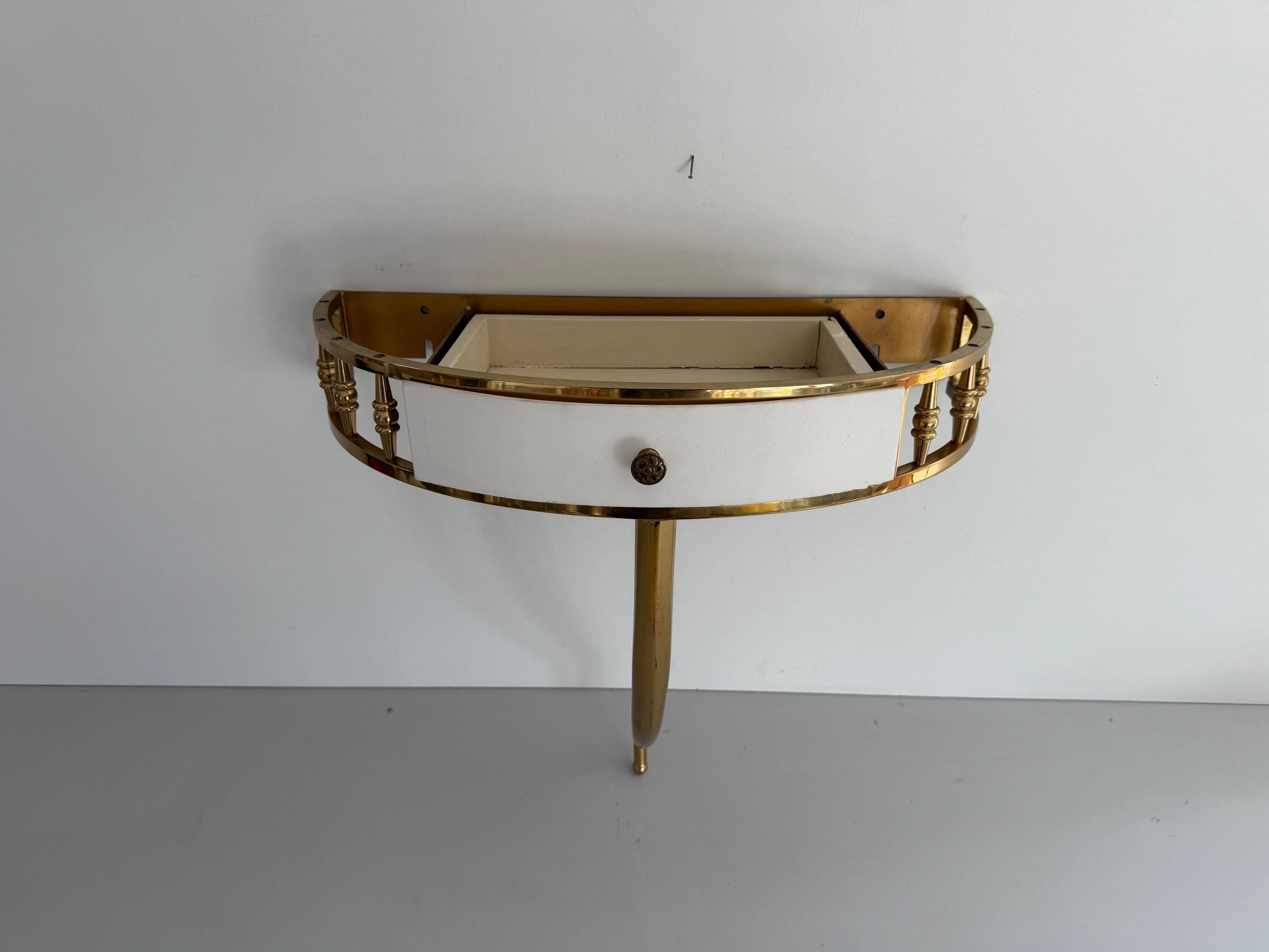Floating wall console with drawer, brass body and marble top, 1960s, Italy