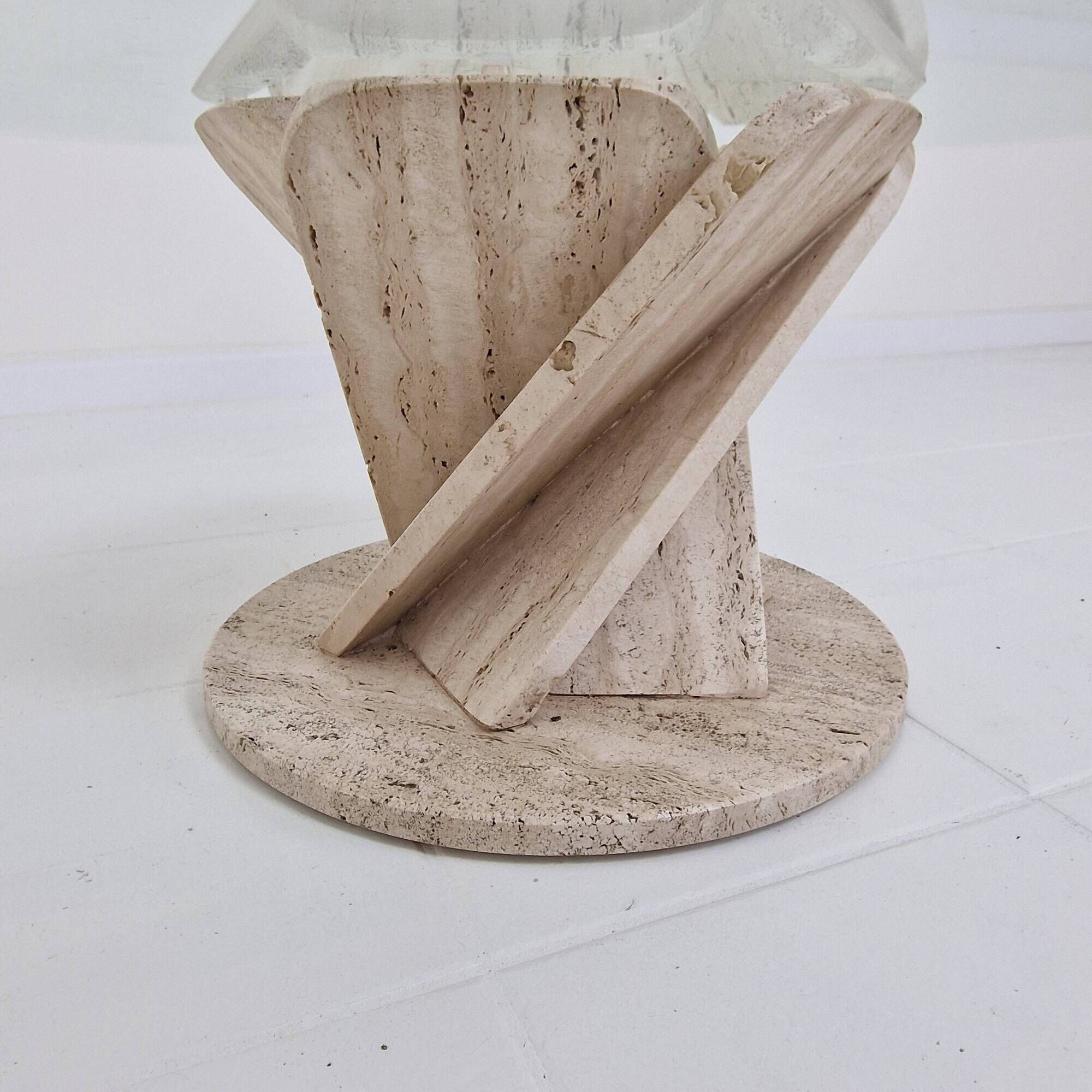 Italian "Flower" Coffee Table in Travertine With Facet-cut Round Plate, 1980s