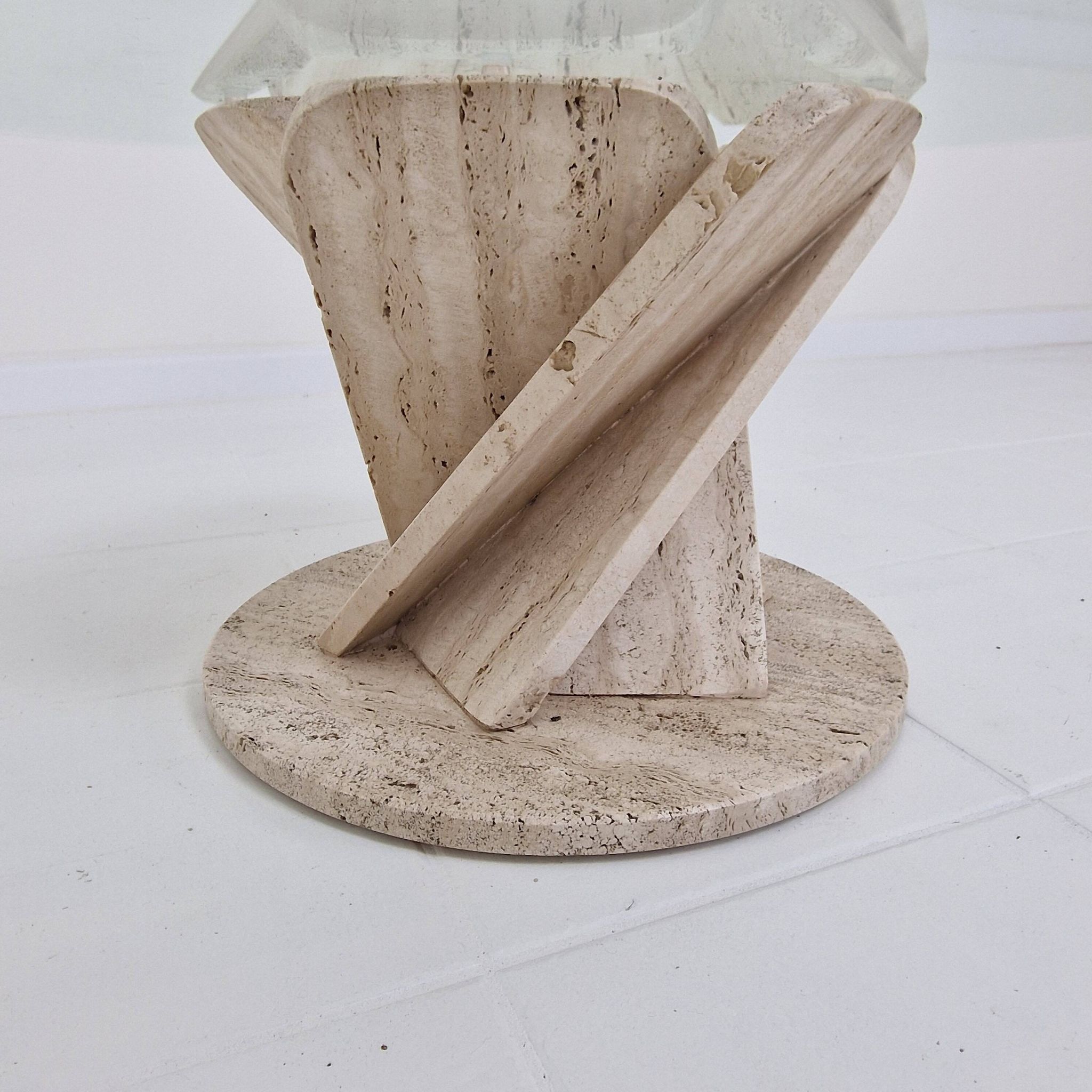 Italian "Flower" Coffee Table in Travertine With Facet-cut Round Plate, 1980s