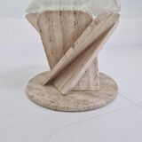 Italian "Flower" Coffee Table in Travertine With Facet-cut Round Plate, 1980s