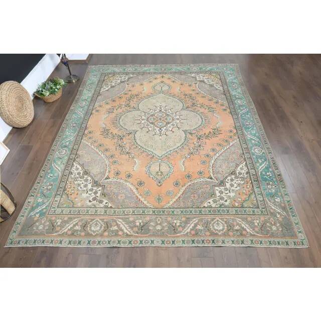 1970s Vintage Persian Handmade Wool Cotton Orange Area Rug 278x343