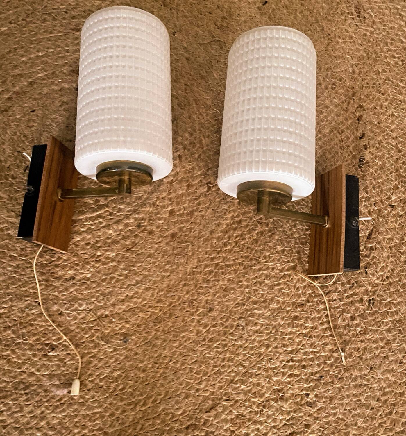 Pair of vintage teak and brass wall lights