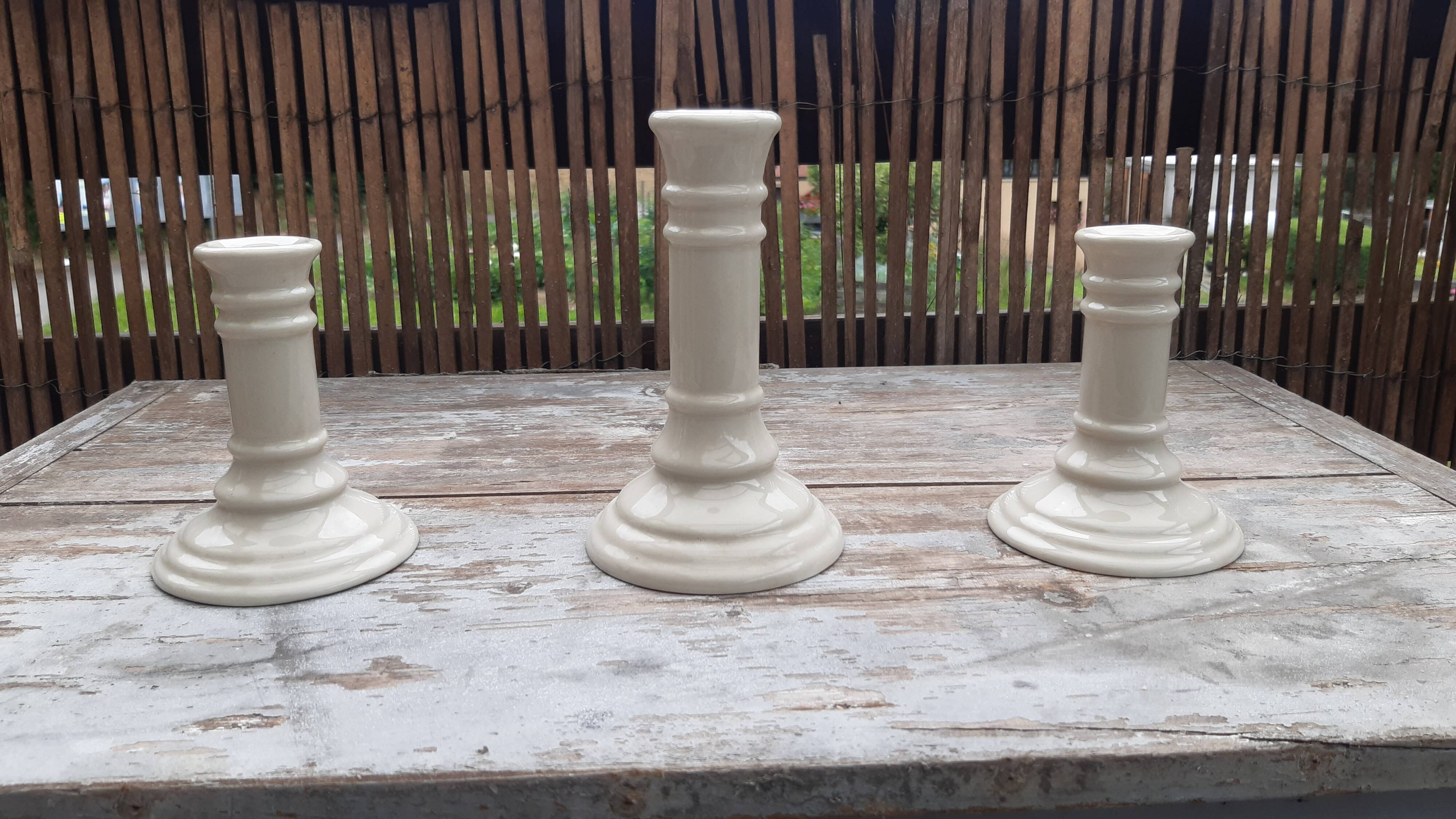 Set of 3 earthenware candlesticks from Villenauxe