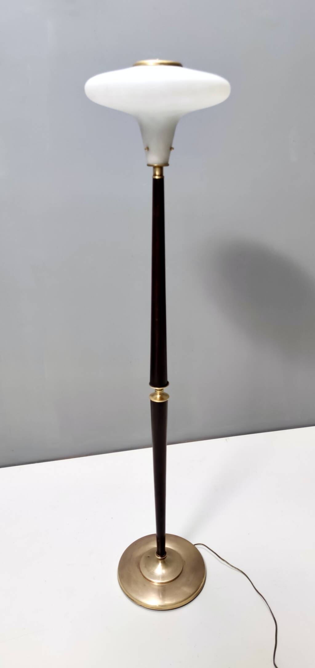 Elegant Glass, Beech and Brass Floor Lamp, Italy