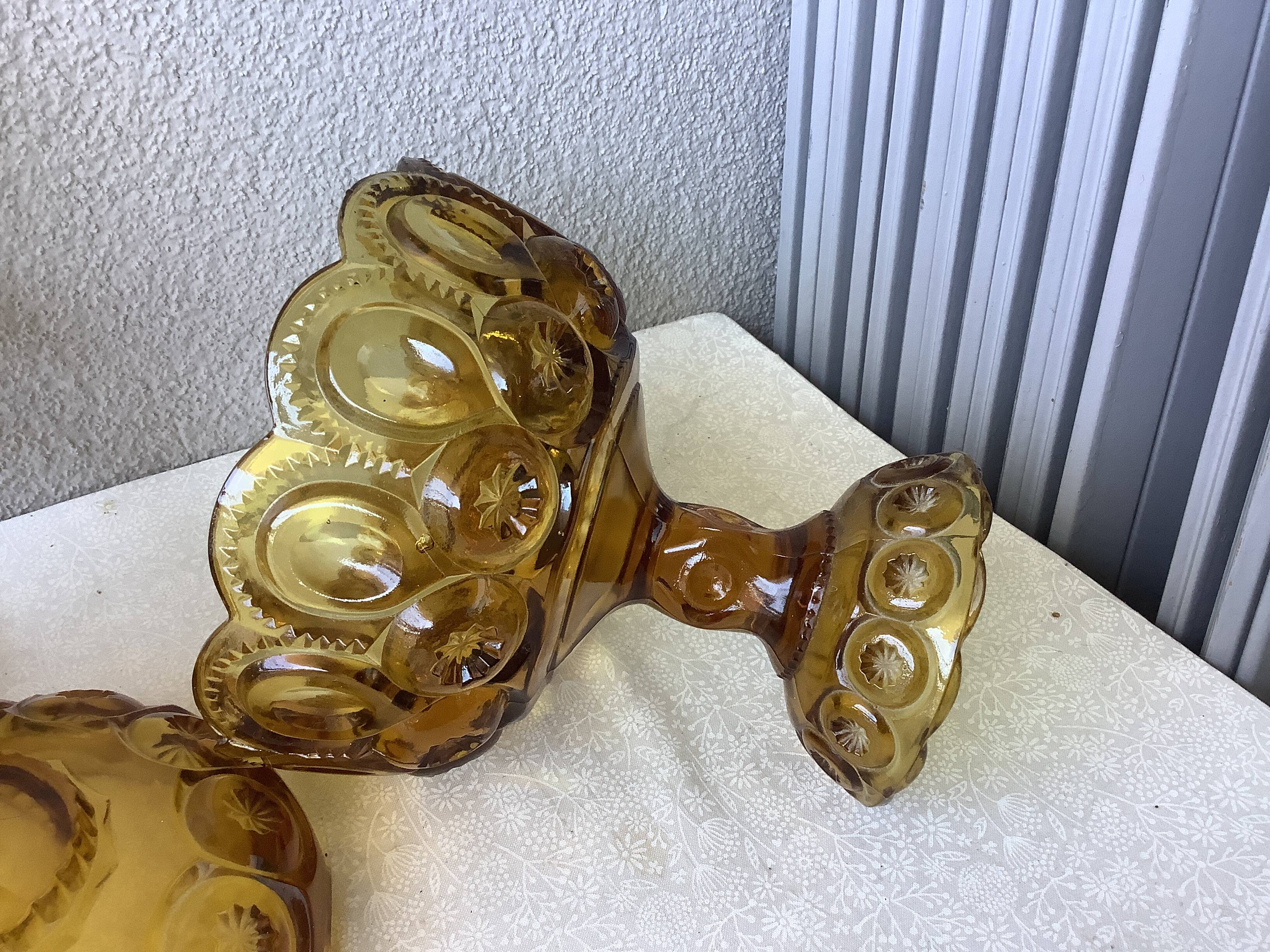 Bonbonnière à compote en verre moulé ambré l.e. moon & stars, piédestal