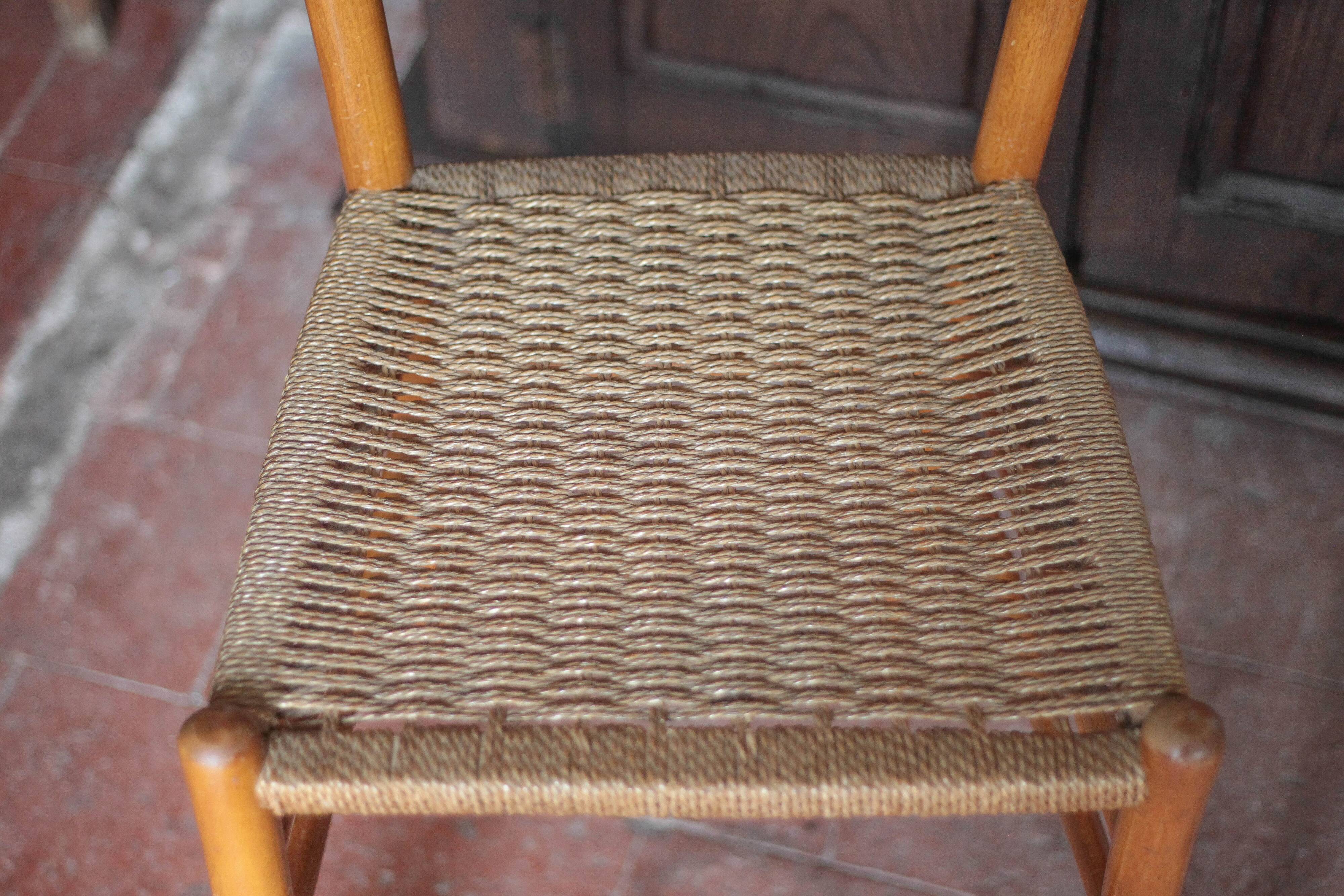 Pair of wooden chairs with vintage rope seats, vintage rope chairs