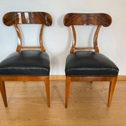 Set of Biedermeier Shovel Chairs in Walnut & Black Leather, Austria, 1820s
