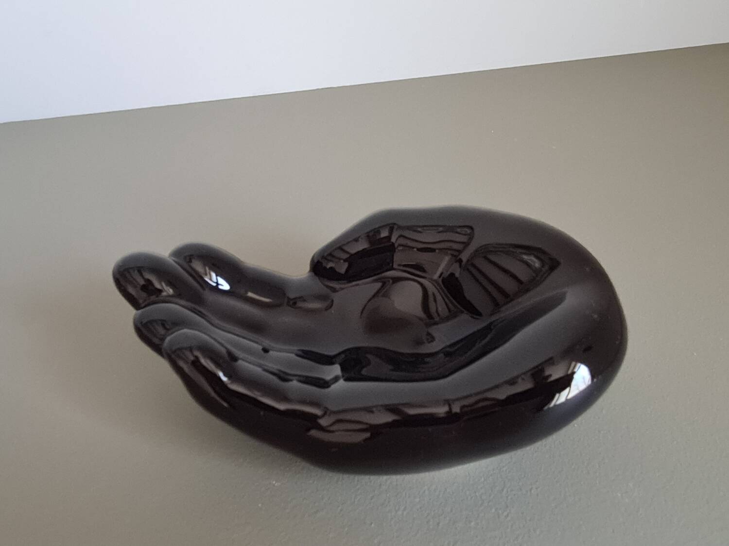 Vintage 1970s black ceramic hand-shaped trinket dish, retro decorative sculpture, centerpiece, home decor, soap dish