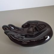 Vintage 1970s black ceramic hand-shaped trinket dish, retro decorative sculpture, centerpiece, home decor, soap dish