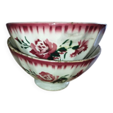 Bowls Faïencerie de Sarreguemines with rose decoration (the two red ones)