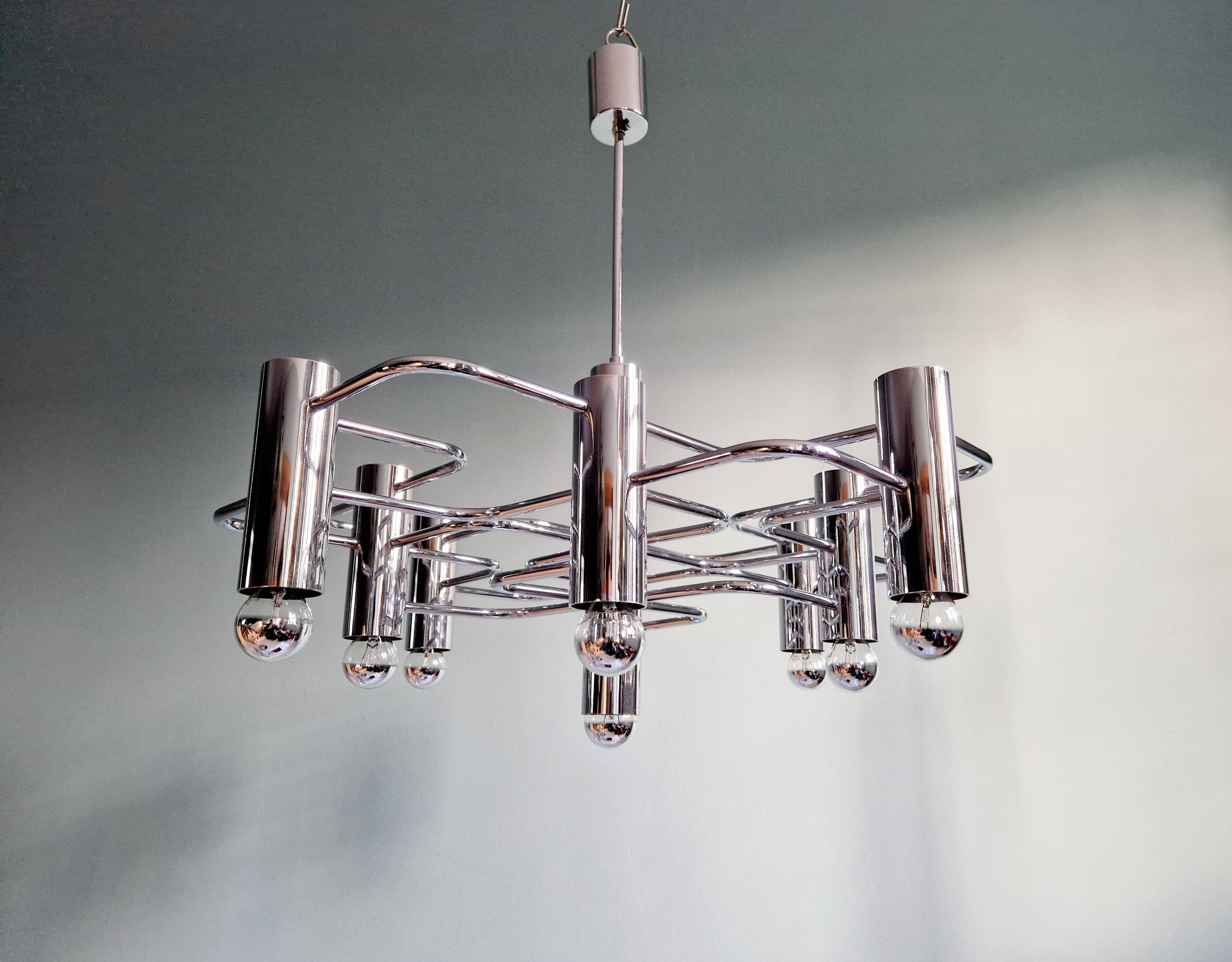 Chromed metal chandelier, design Gaetano Sciolari, 70s