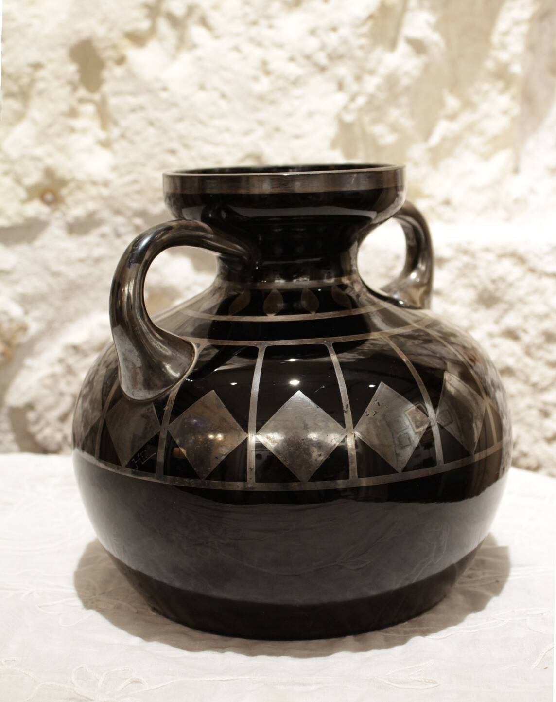 Black and silver glass vase signed hem, michel herman, circa 1930