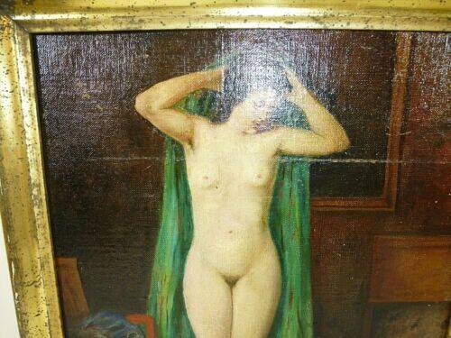 Peinture à l'huile originale d'époque représentant une femme nue