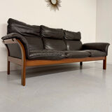 Vintage black leather Dreipunkt Scala design 3-seater sofa in teak.