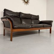 Vintage black leather Dreipunkt Scala design 3-seater sofa in teak.