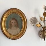 19th century portrait of a young girl, oil painting framed in oval gilded wood