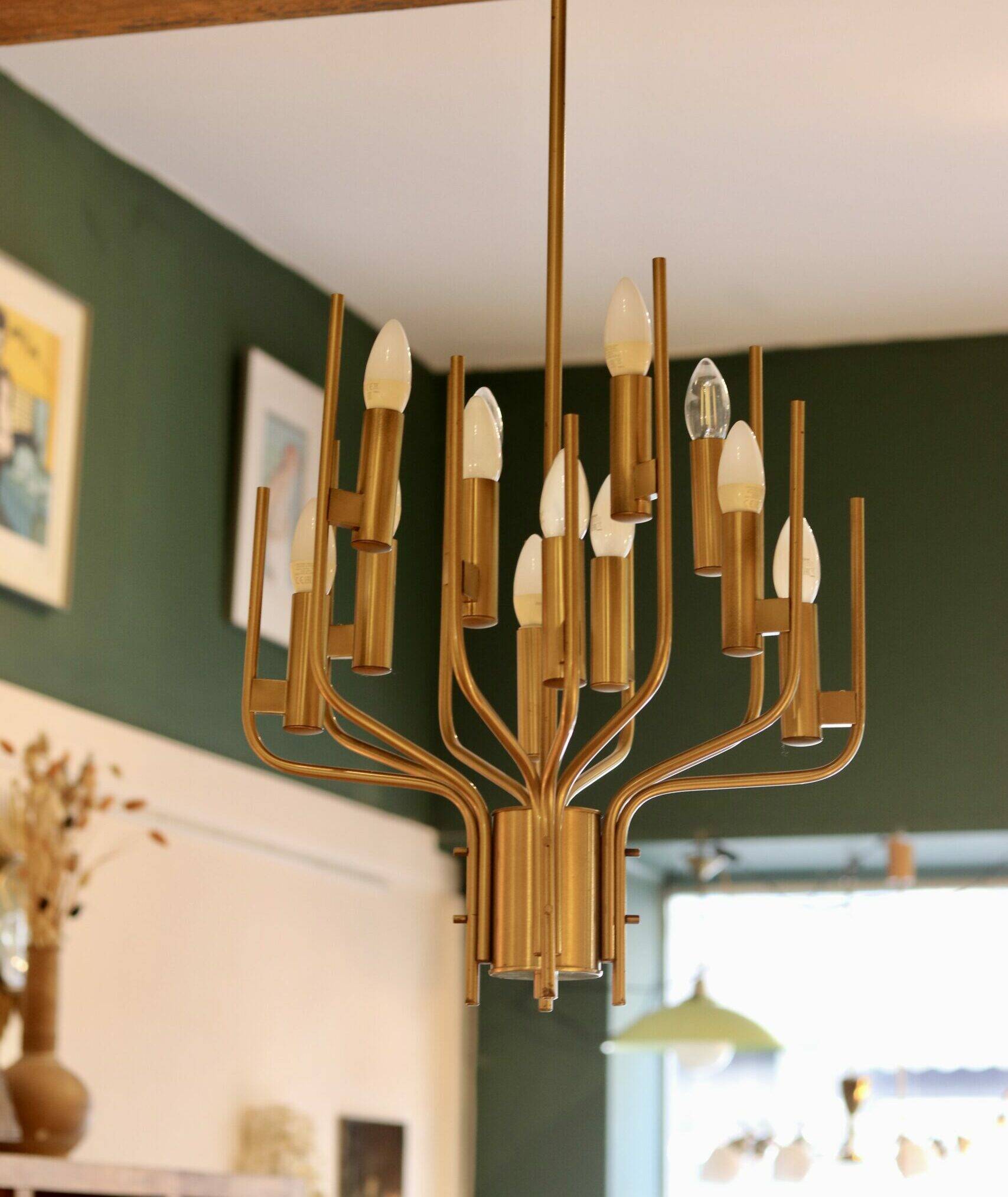 Italian chandelier Gaetano Scolari in brass, 1970.