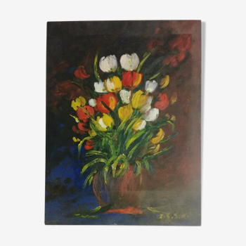 Tableau huile sur panneau bouquet de fleurs