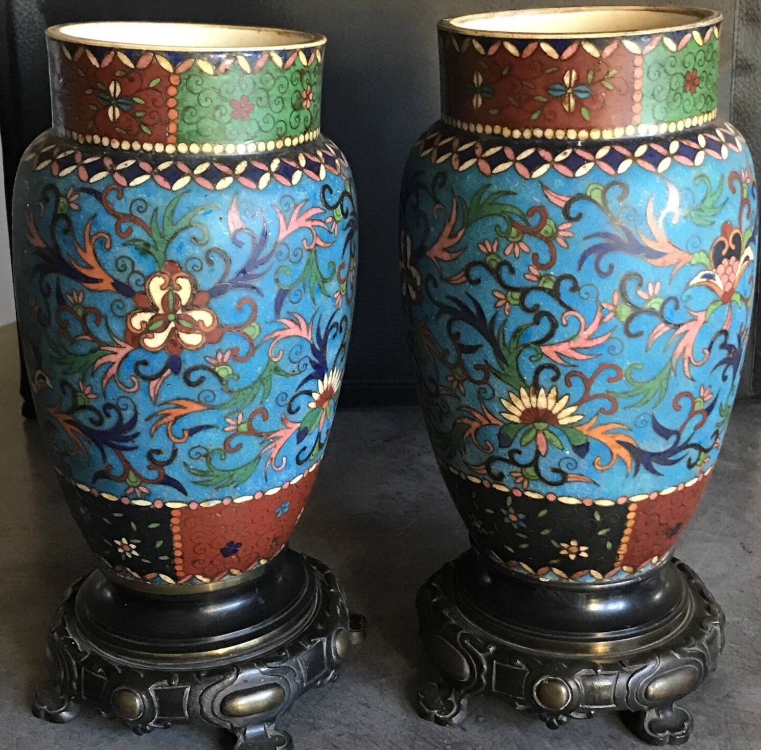 PAIR of Cloisonné Ceramic VASES, Floral Decoration, Bronze Base