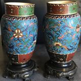 PAIR of Cloisonné Ceramic VASES, Floral Decoration, Bronze Base