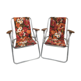 Paire de chaise anciennes pliante métal en tissu multicolore des années 70 vintage