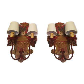 Pair of vintage wood painted mountain wall light