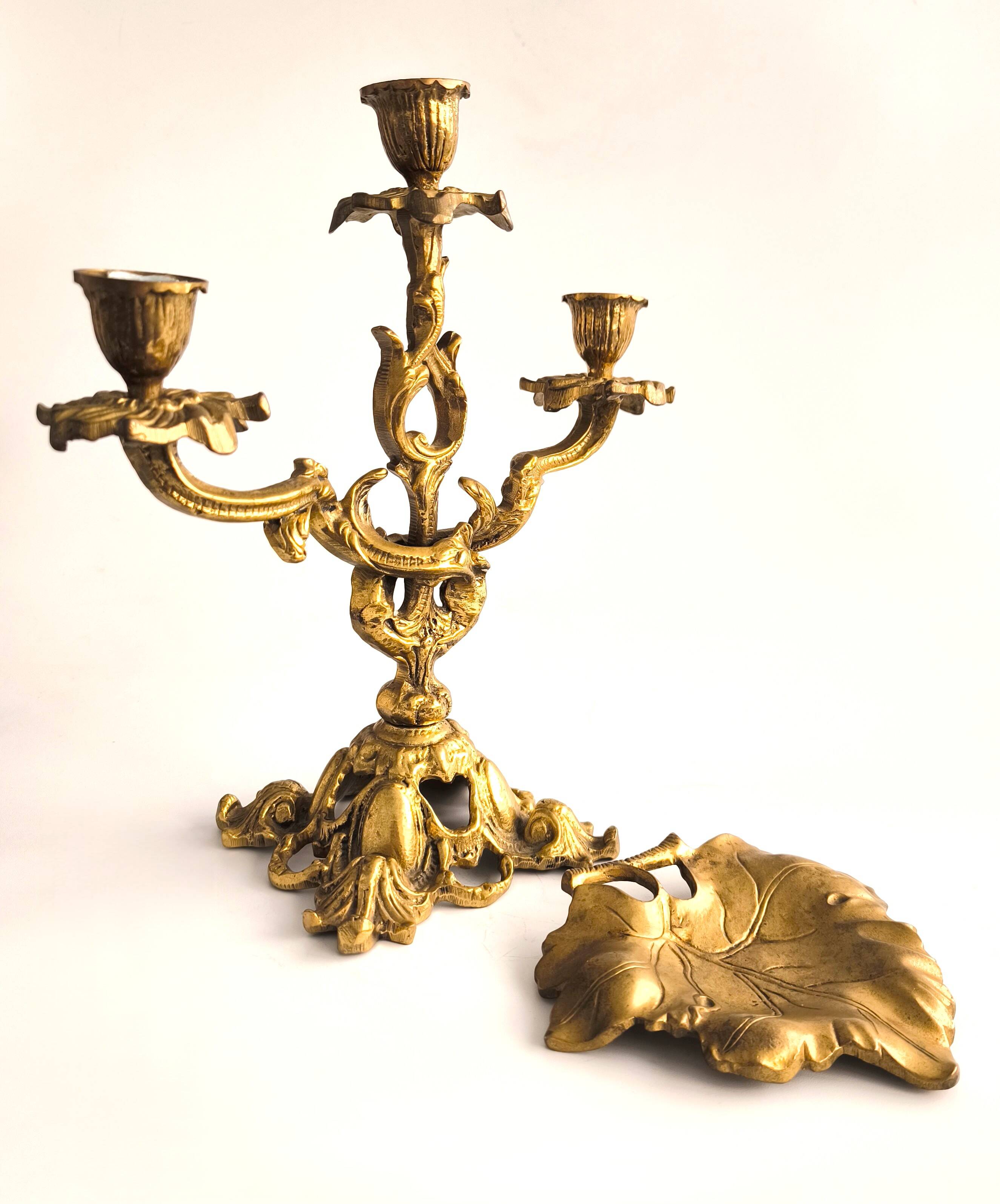 French Dessert Set: Candelabrum and "Feuille" Tray in Gilded Bronze