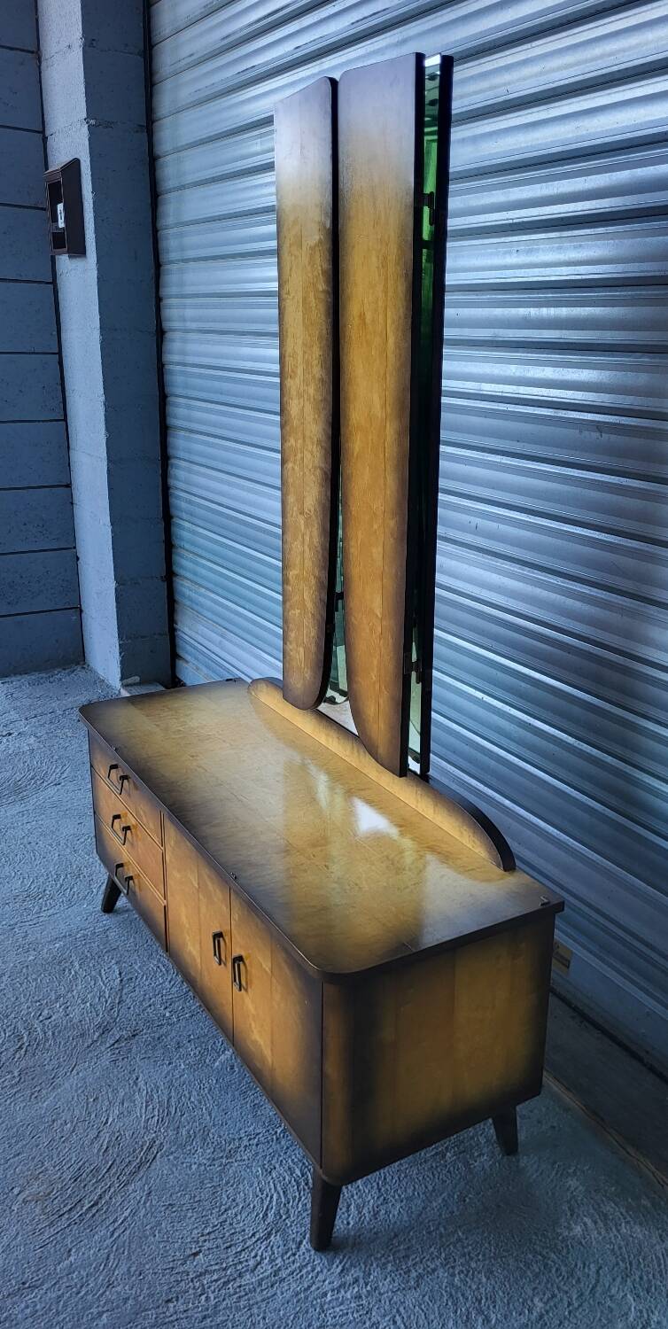 Vintage Scandinavian style dressing table, chest of drawers, triptych mirror and bedside table