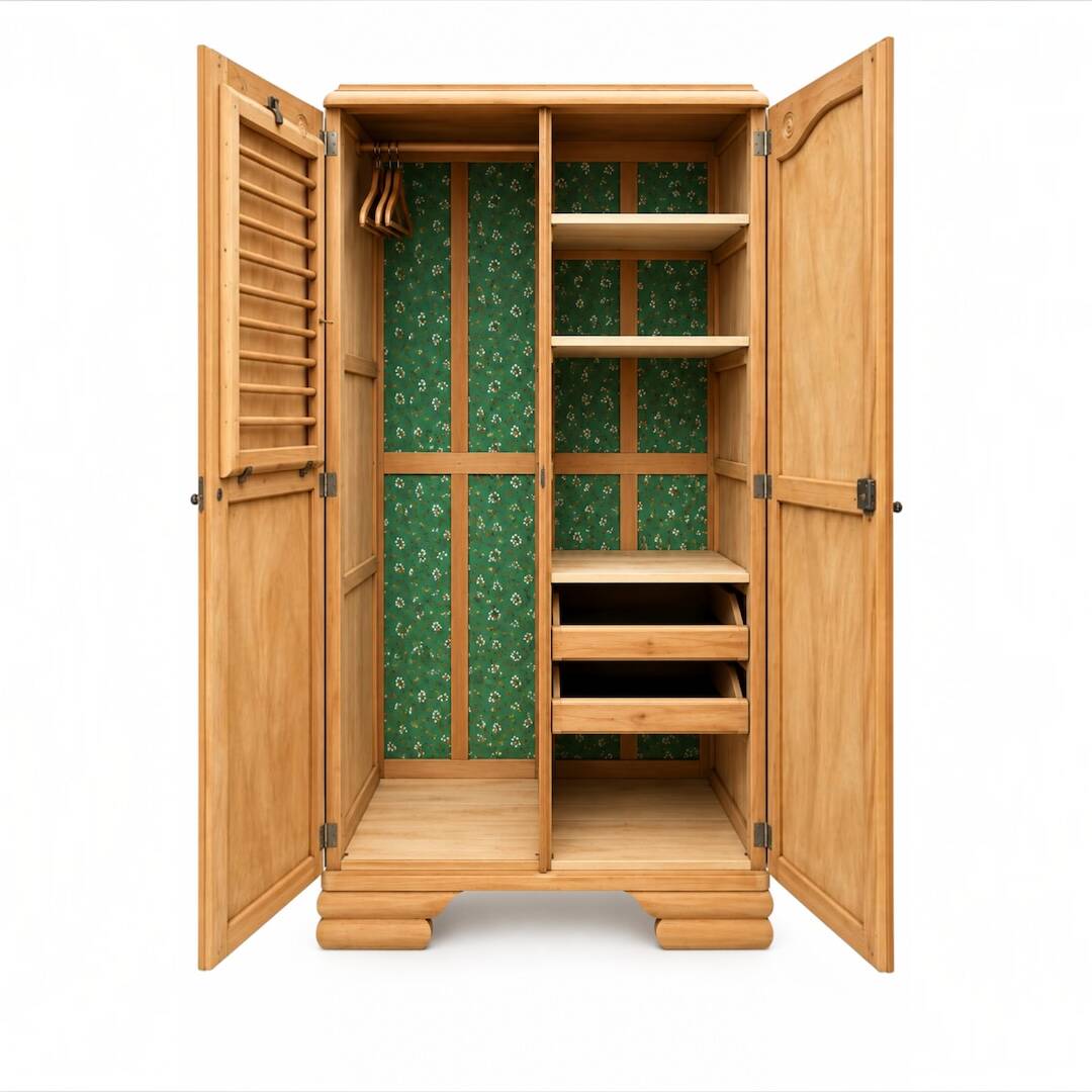 Parisian Art Deco wardrobe, renovated with raw wood.