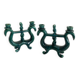 Duo of double green ceramic candle holders