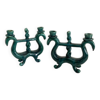 Duo of double green ceramic candle holders