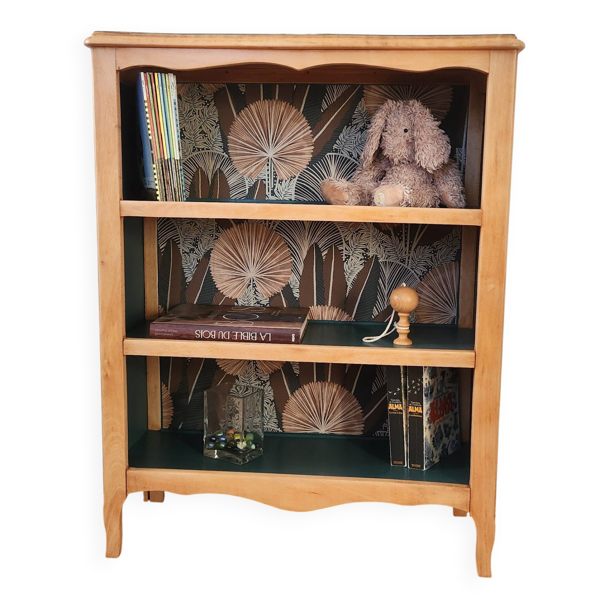 Renovated green cedar wood bookshelf