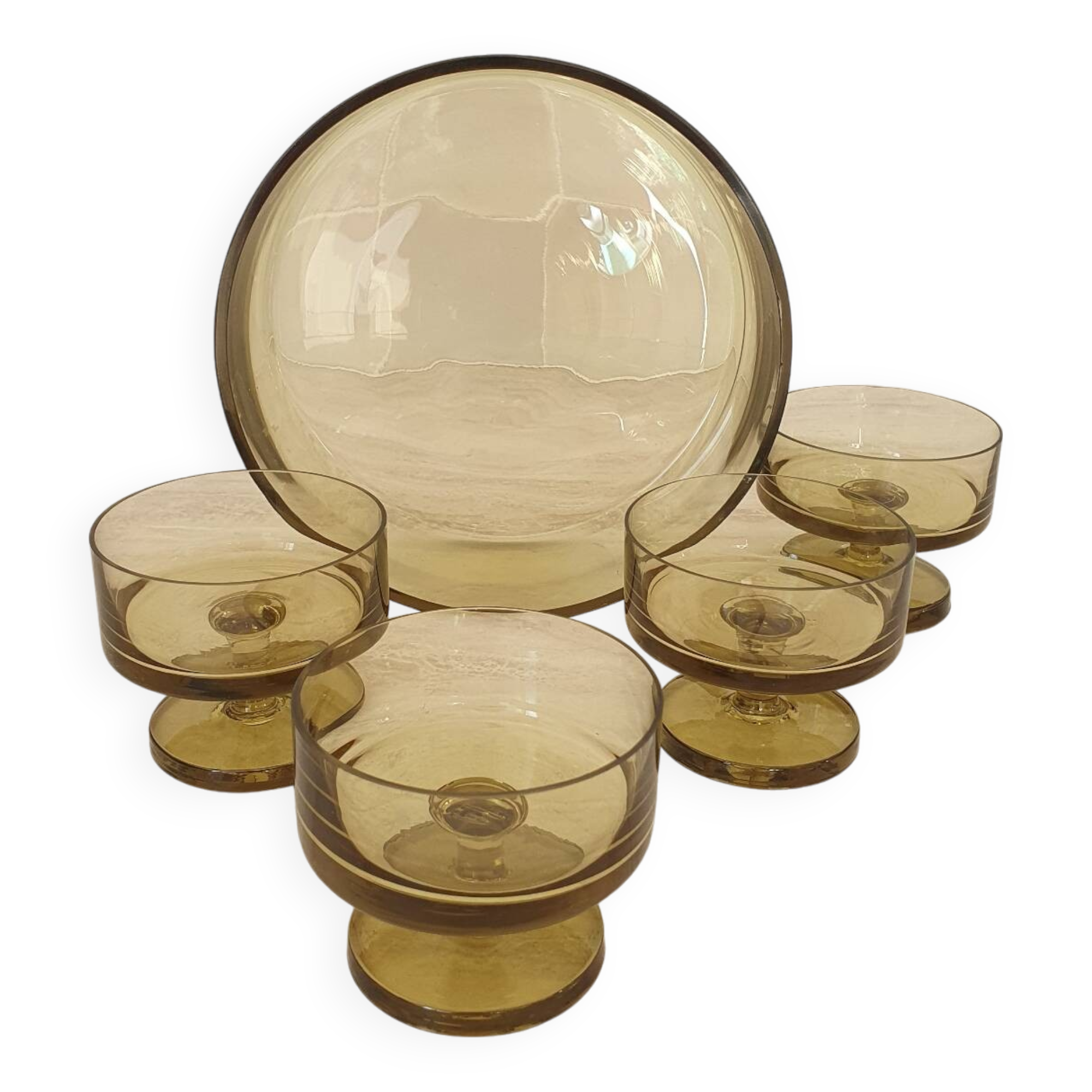 Salad bowl and its 4 fruit bowls in green glass