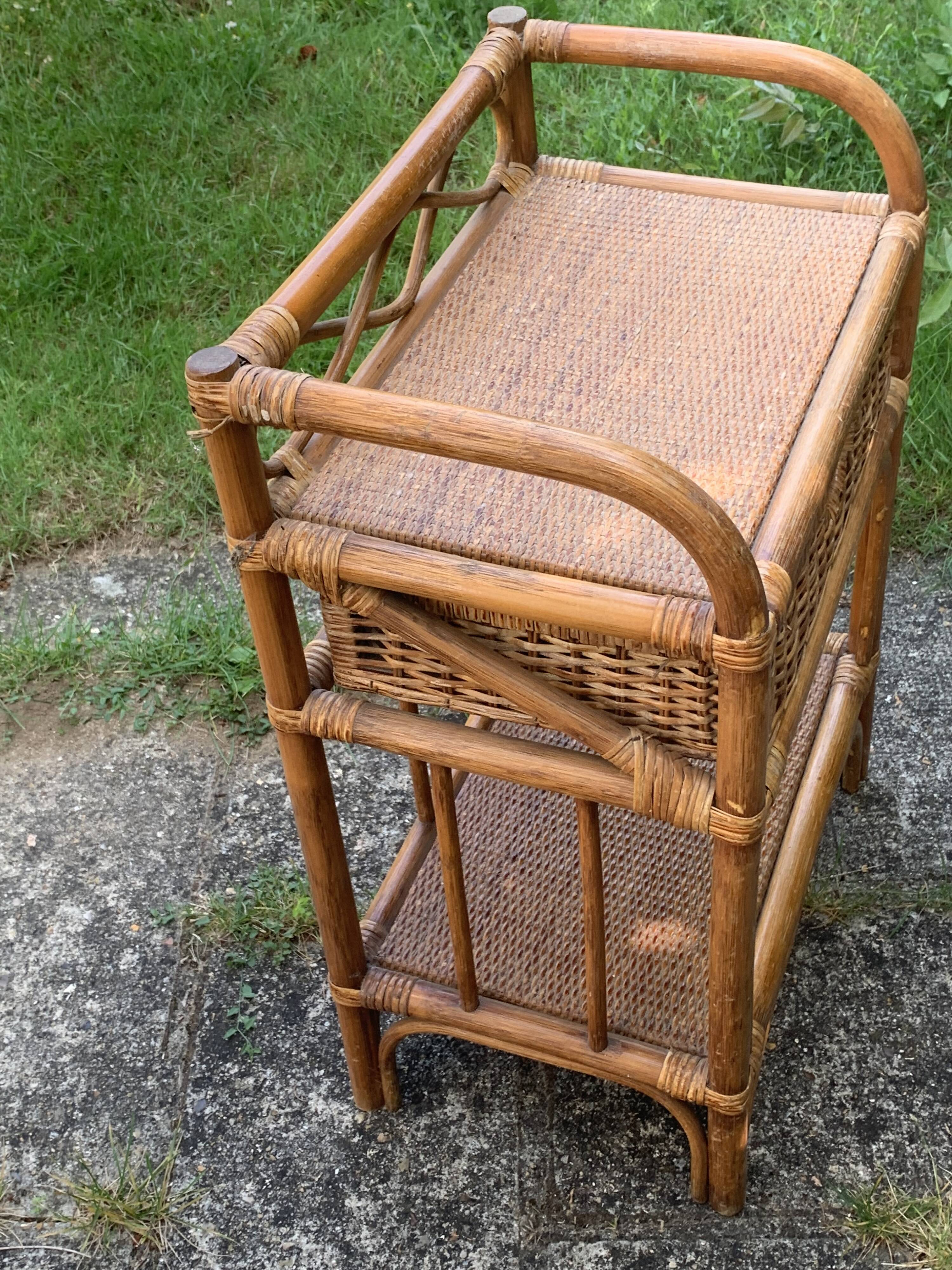 Shelf, side table, bedside table in vintage bamboo and rattan