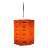 Danish Space-Age hanging lamp from the 80s, made in orange metal with cut-outs.