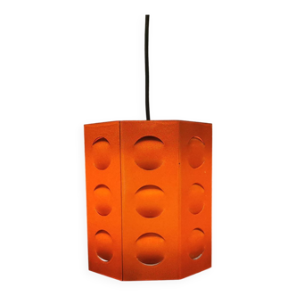 Danish Space-Age hanging lamp from the 80s, made in orange metal with cut-outs.