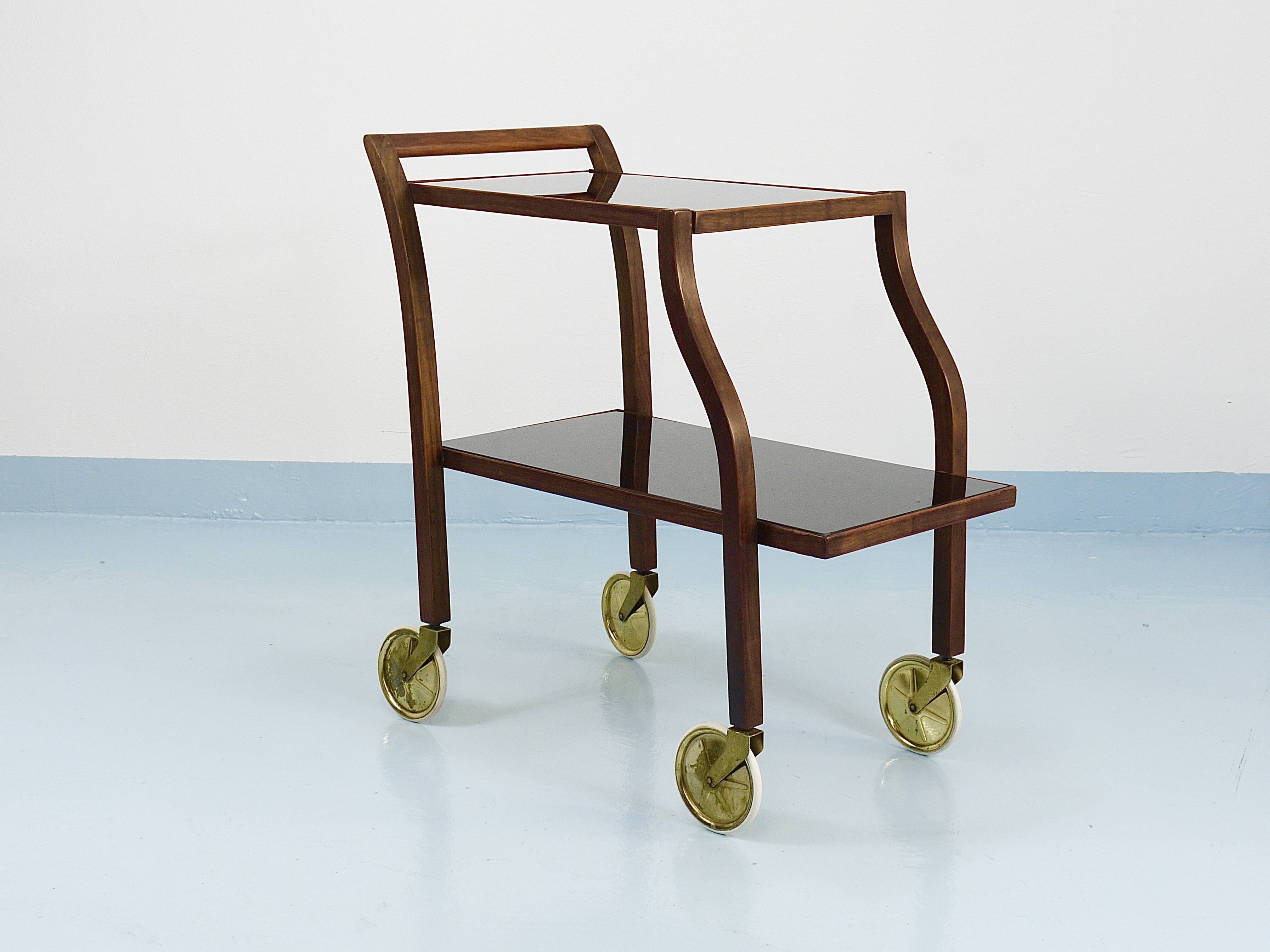 Oswald Haerdtl Curved Walnut & Glass Bar Cart, Serving Trolley, 1950s