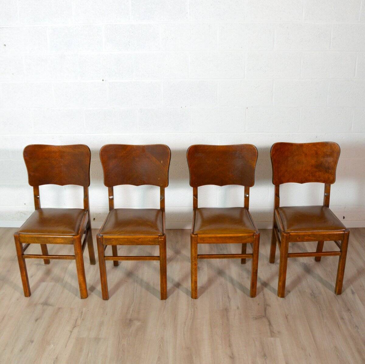 Set of 4 wood and vinyl bistro chairs 1930