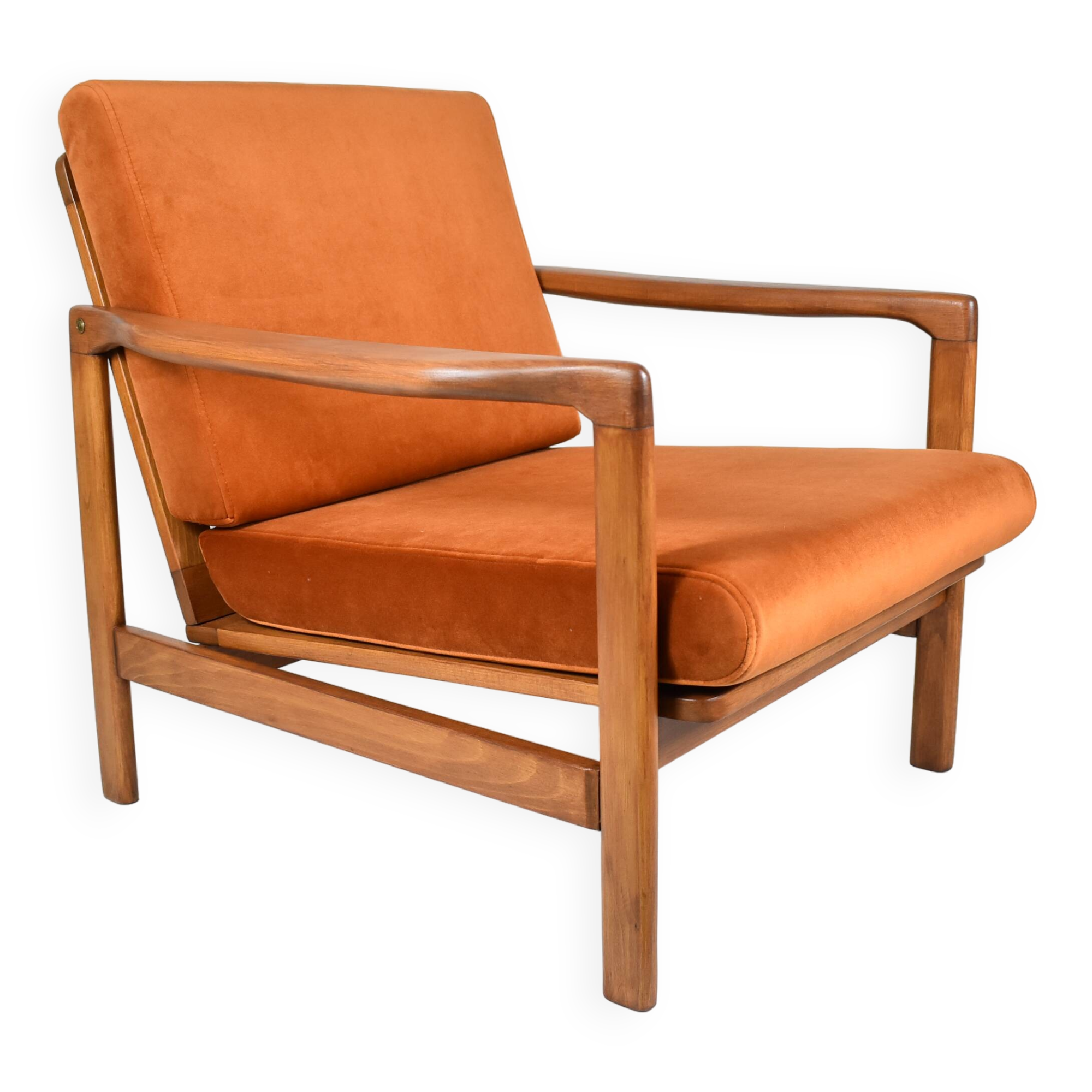 Fauteuil scandinave d'origine restauré, années 60, rouille, velours