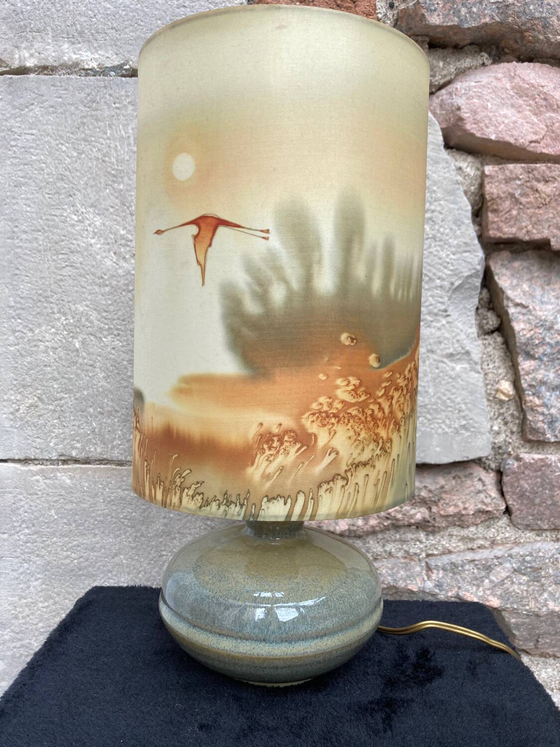 Vintage enamelled stoneware lamp with silk lampshade