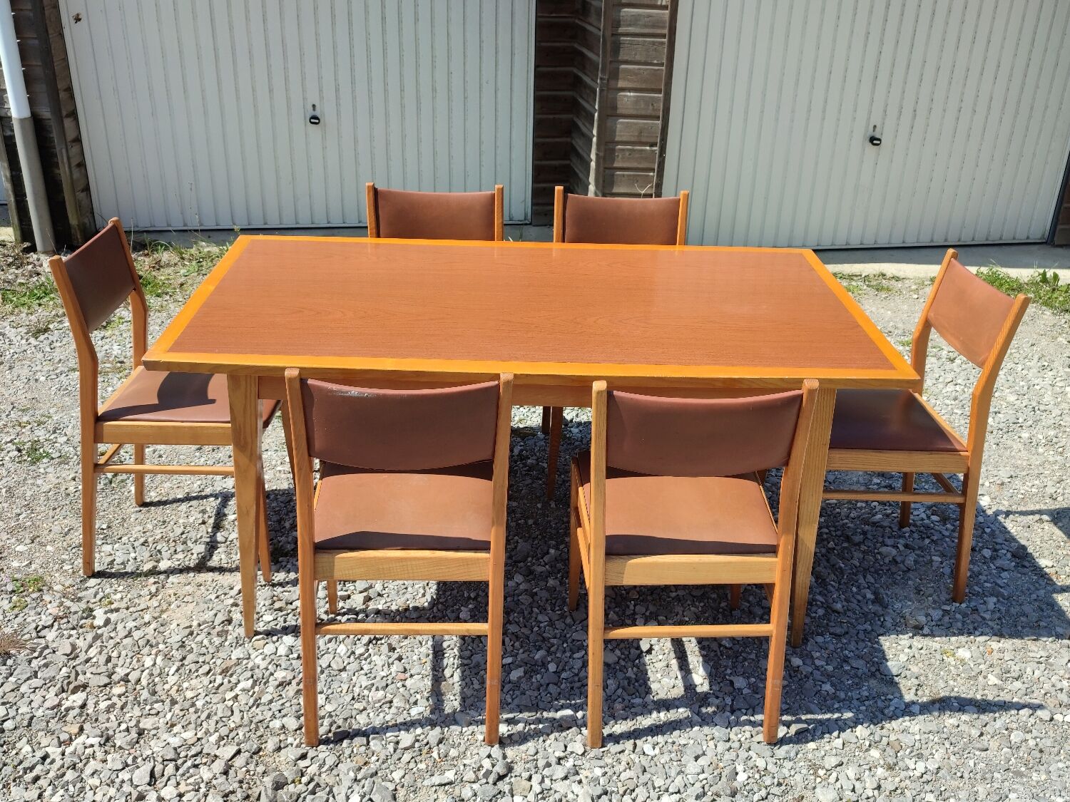Formica teak table + 10 vintage Scandinavian style chairs