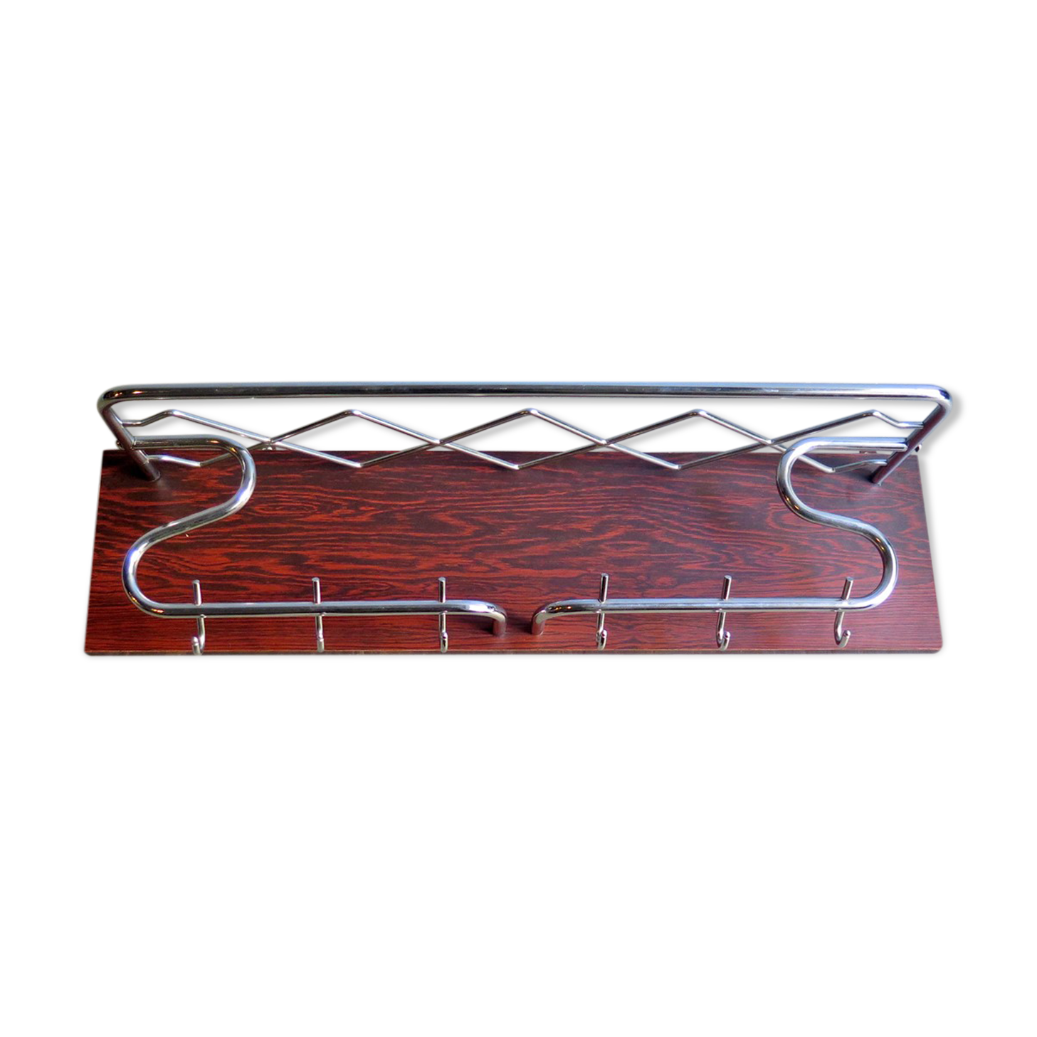 Chrome metal patere in a wooden support panel mantle veneer, 1960s