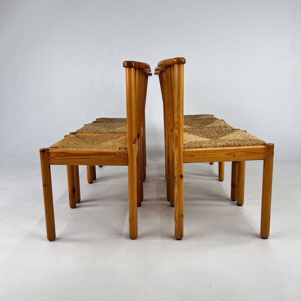 Ensemble de 6 chaises de salle à manger scandinaves en pin et jonc, 1970
