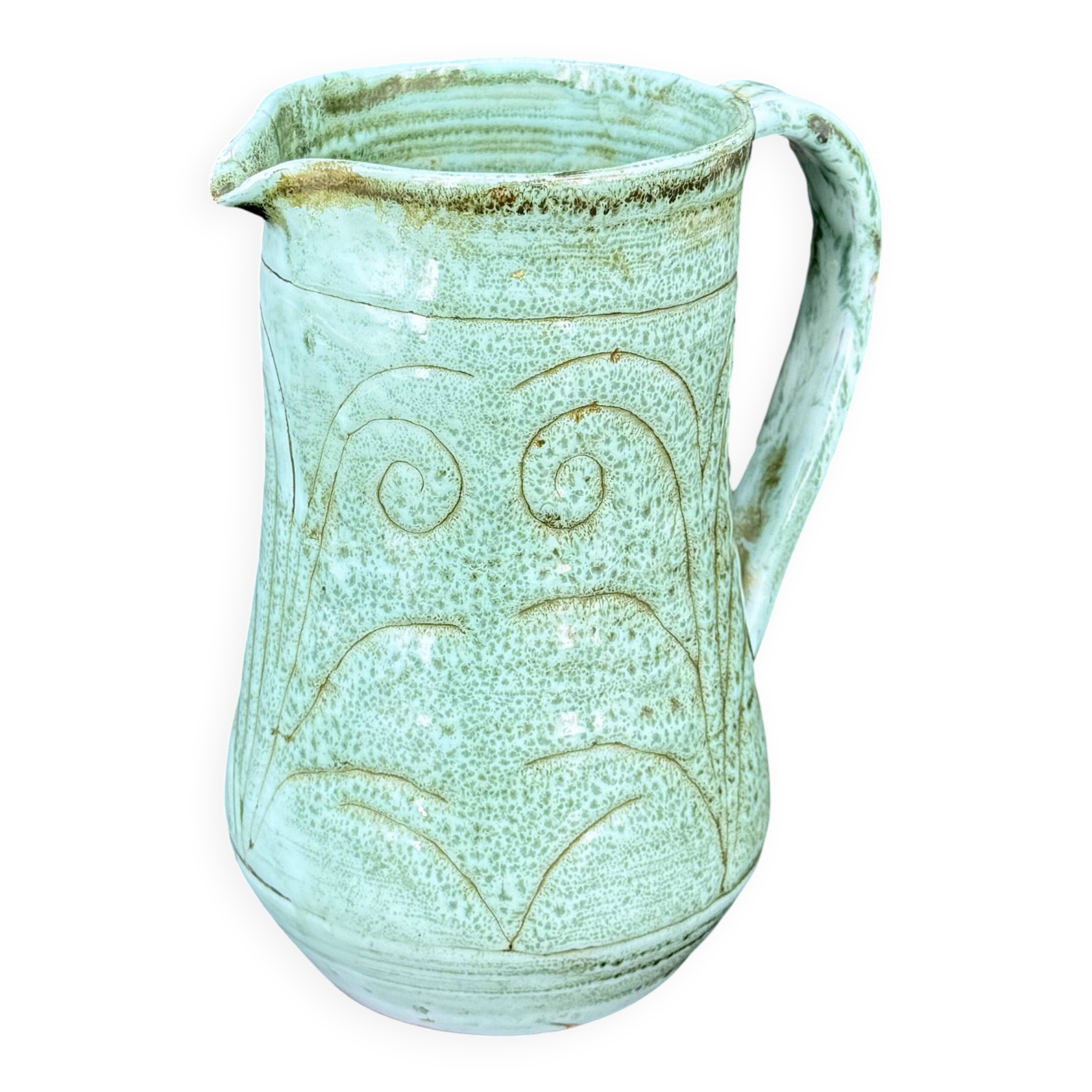 Turquoise green glazed stoneware pitcher – signed, France, 1970
