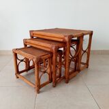 Set of 3 vintage nesting tables in bamboo and woven rattan